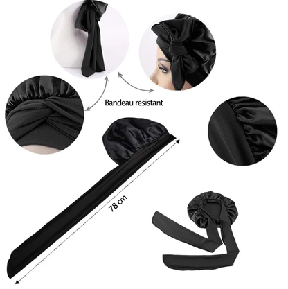 Bonnet en satin noir avec bande réglable, conçu pour protéger les cheveux bouclés, frisés et crépus pendant la nuit et le jour