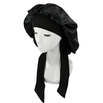 Bonnet en satin noir avec bande réglable, conçu pour protéger les cheveux bouclés, frisés et crépus pendant la nuit et le jour