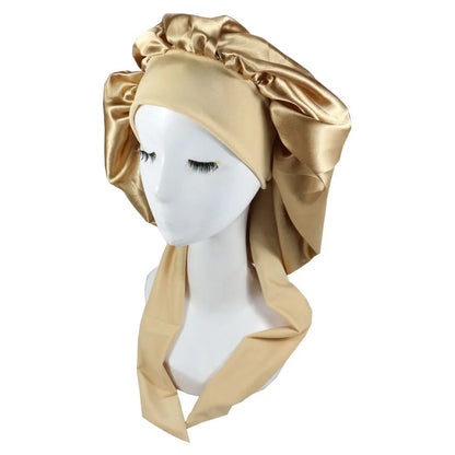 Bonnet en satin or avec bande réglable, conçu pour protéger les cheveux bouclés, frisés et crépus pendant la nuit et le jour