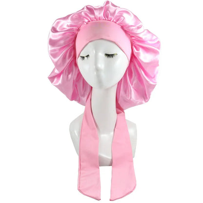 Bonnet en satin rose avec bande réglable, conçu pour protéger les cheveux bouclés, frisés et crépus pendant la nuit et le jour