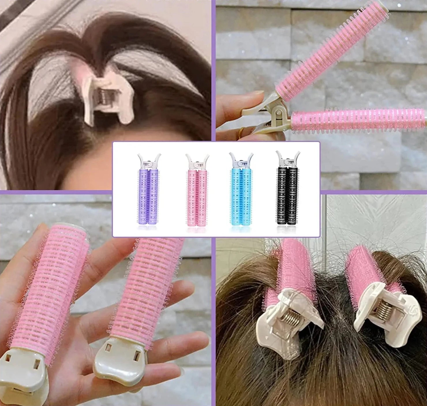 Lot de bigoudis roses avec pinces blanches, parfaits pour créer des boucles volumineuses sur cheveux bouclés, frisés ou ondulés. existe en bleu rose noir et violet.