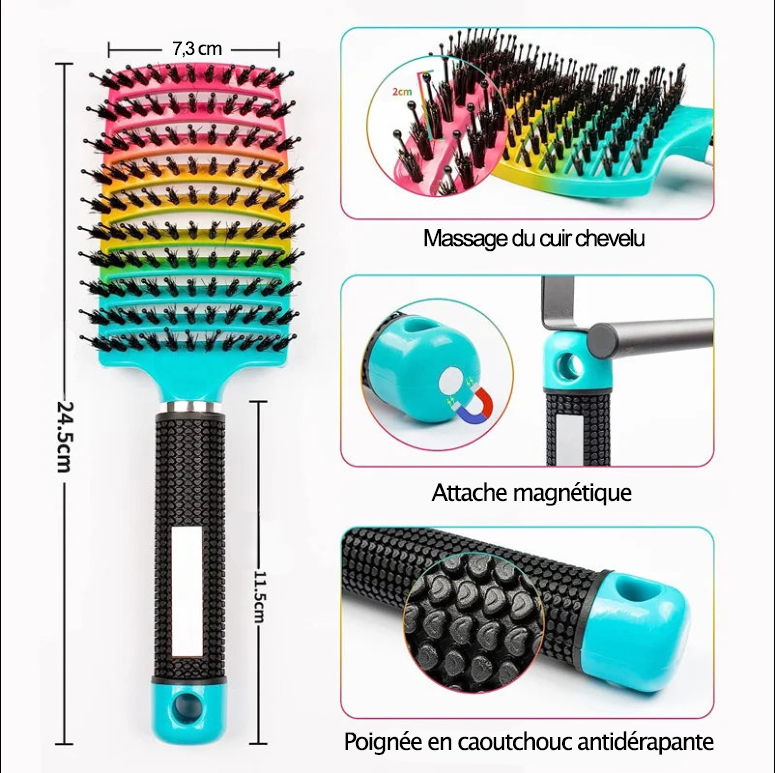 Brosse magique arc-en-ciel soin avec poils doux, idéale pour démêler et intégrer dans la routine capillaire, préserve la santé des cheveux bouclés, frisés et épais