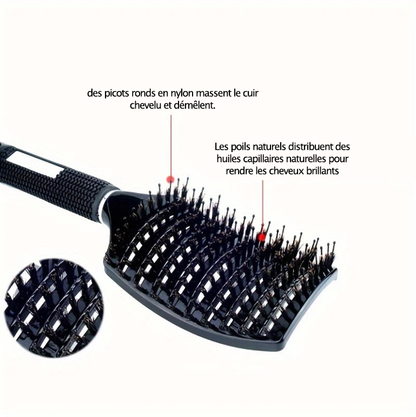 Brosse magique soin noire avec poils doux, idéale pour démêler et intégrer dans la routine capillaire, préserve la santé des cheveux bouclés, frisés et épais