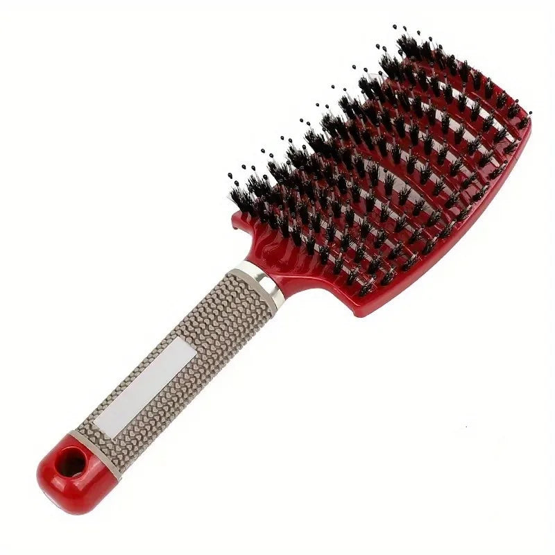 Brosse magique soin rouge avec poils doux, idéale pour démêler et intégrer dans la routine capillaire, préserve la santé des cheveux bouclés, frisés et épais