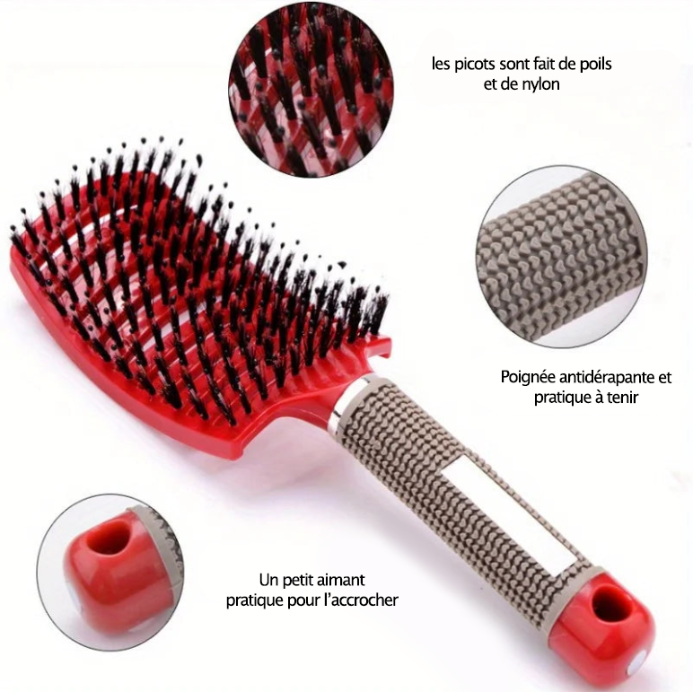 Brosse magique soin rouge avec poils doux, idéale pour démêler et intégrer dans la routine capillaire, préserve la santé des cheveux bouclés, frisés et épais