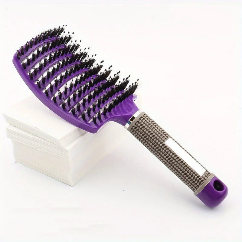 Brosse magique soin violette avec poils doux, idéale pour démêler et intégrer dans la routine capillaire, préserve la santé des cheveux bouclés, frisés et épais